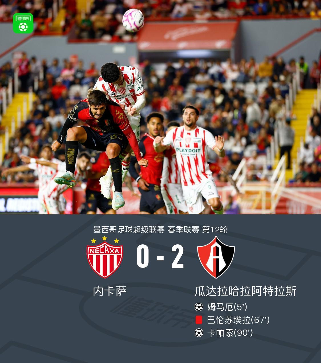 十人阿特拉斯2-0内卡萨，姆马厄建功，卡帕索破门